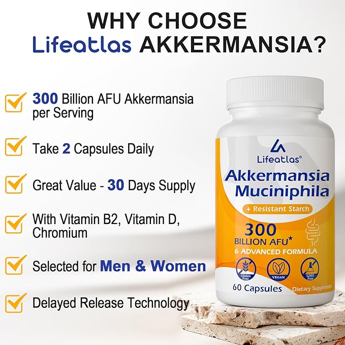 Lifeatlas Akkermansia Supplement Probiotic | Akkermansia with 300 Billion AFU Akkermansia Probiotic 6-in-1 Akkermansia Probiotics for Women and Men Daily Akkermansia Supplement 60 Caps