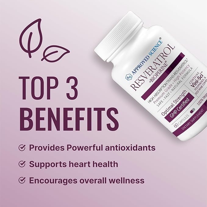 Approved Science® Resveratrol - 1000 mg of Trans Resveratrol - 250 mg of Polyphenol - 98% Purity Level - Includes Bioperine® - 180 Vegan Friendly Capsules per Bottle- 1 Bottle