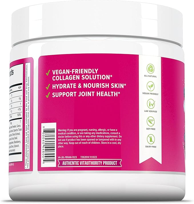 Vitauthority Vegan Collagen Powder for Women - Plant Based Collagen Supplement for Women with Proprietary Vegan Hair Skin and Nails Vitamins - Vegetarian Collagen Powder with Hyaluronic Acid