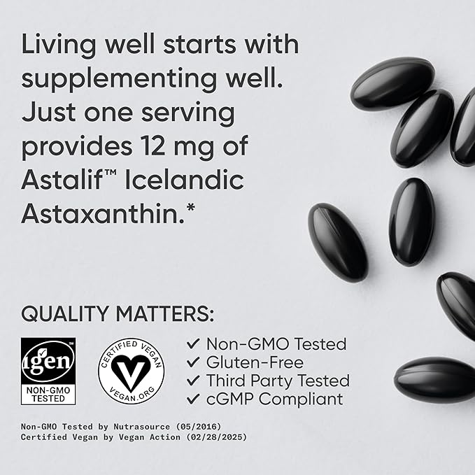 Sports Research Triple Strength Vegan Astaxanthin Supplement from Algae - Plant Based Softgels for Antioxidant Activity Skin &amp Eye Health - Non-GMO Verified Made with Coconut Oil - 12mg 60 Coun