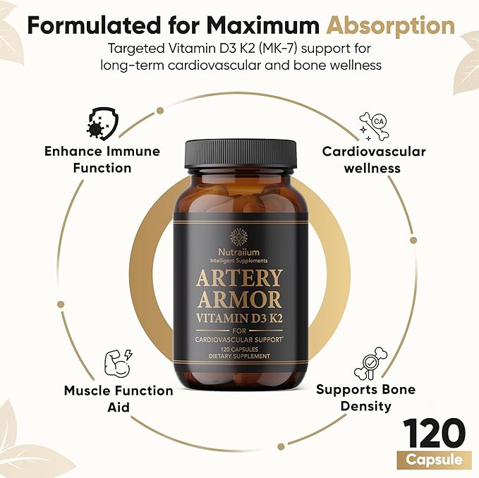 Vitamin D3 K2 Supplement 5000 IU 100 mcg MK7 – High Potency D3+K2 Capsules for Artery Health Heart Support &amp Strong Bones Non-GMO Third-Party Tested d3+k2 Vitamin Supplement Artery Armor -120 Cou
