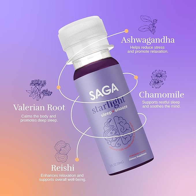 SAGA Starlight Organic Sleep Shots – Natural Sleep Aid with Melatonin Reishi Valerian Root Ashwagandha Chamomile – Sugar-Free Vegan Zero Calories Plant-Based Sleep Support Travel Size (2 Oz)
