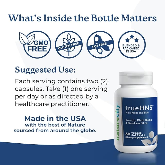 NatureCity True-HNS Hair Nails and Skin Cynatine Keratin and Plant Based Biotin Vitamin Supplement | Fuller and Stronger Hair and Nails | Non GMO | 60 Veggie Capsules (Pack of 2)