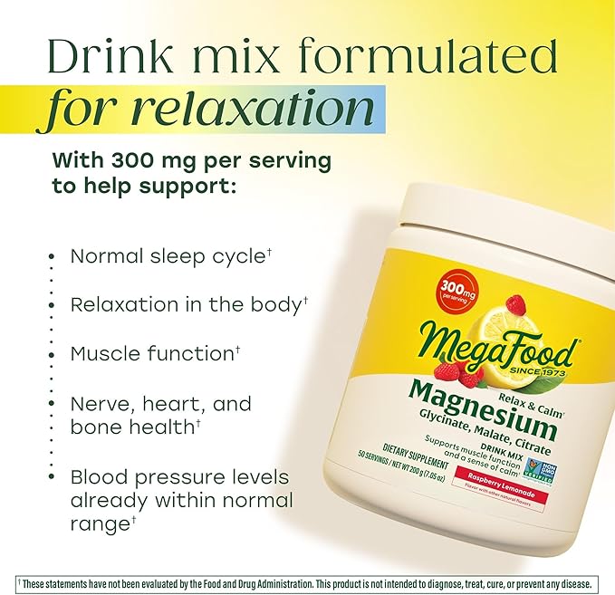 Megafood Relax + Calm Magnesium Powder - Highly Absorbable Magnesium Glycinate Magnesium Citrate &amp Magnesium Malate - Without 9 Food Allergens - Raspberry Lemonade Flavor - 7.05 Oz (50 Servings)