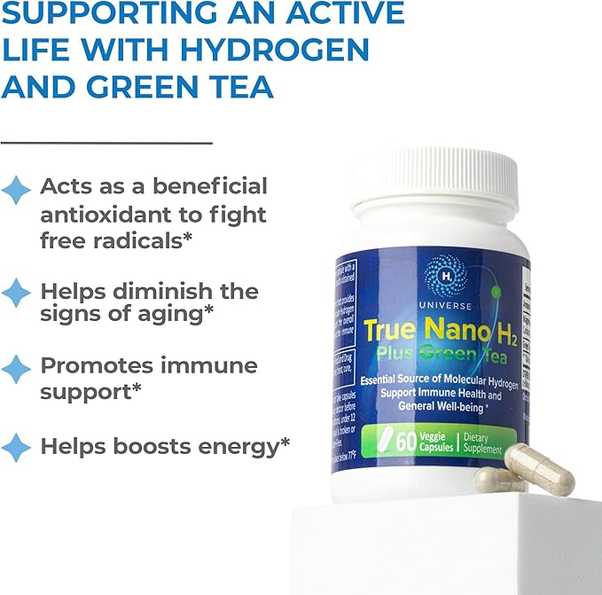 True Nano H2 with Green Tea by H2 Universe | Molecular Hydrogen with Active Hydrogen Nanobubbles Boosts Energy Powerful Antioxidant| 60 Capsules