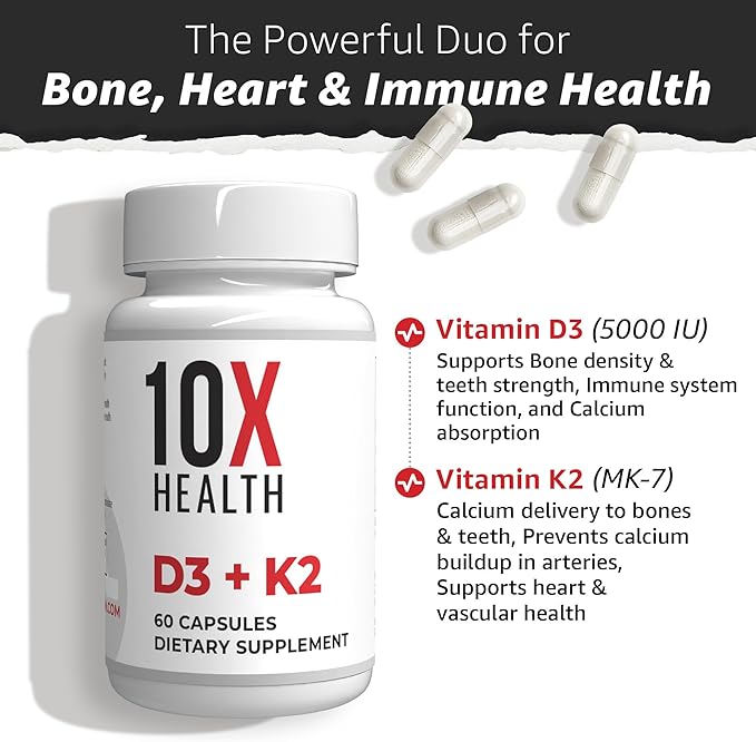 10X Health Vitamin D3 5000 IU &amp K2 MK7 - Menaquinone 7 High-Potency D3 K2 Vitamin Supplement for Bone Health Heart and Teeth - 125 mcg Vitamin D &amp 90 mcg Vitamin K2-60 Capsules
