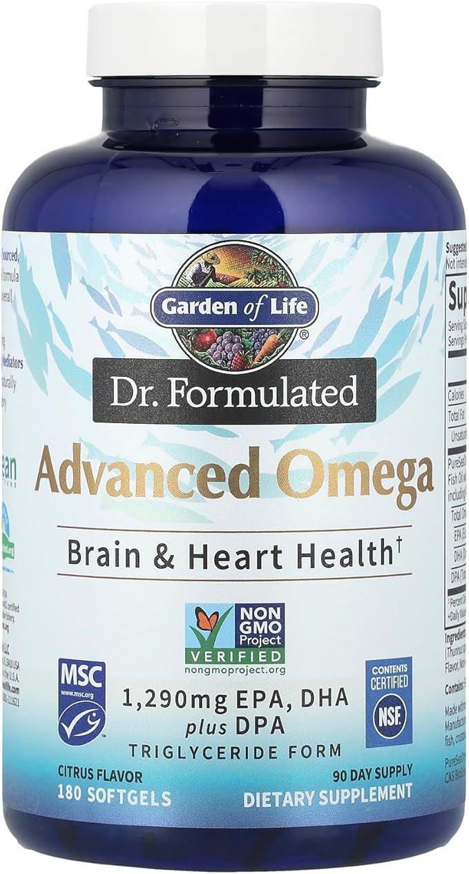 Garden of Life Dr. Formulated Advanced Omega Fish Oil - Lemon 1290mg EPA DHA + DPA in Triglyceride Form Single Source Omega 3 Supplement for Ultimate Brain &amp Heart Health Non-GMO 180 Softgel