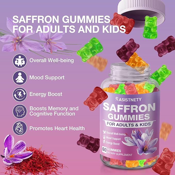 Saffron Gummies for Kids &amp Adults 88.5mg Saffron Extract Cαlm Focus &amp Mood Support Saffron Supplement with L-Theanine St.John's Wort Lemon Balm Magnesium Gentle Nerve &amp Rest Support