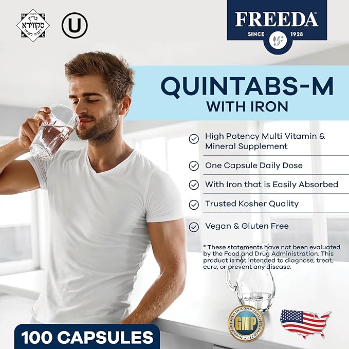 FREEDA Multivitamin One Daily – Quintabs-M with Iron – Kosher Multi Vitamins Supplements for Women Health - Multivitamins for Women &amp Iron-Deficient Men Adult Vitamins Multivitamin (250)