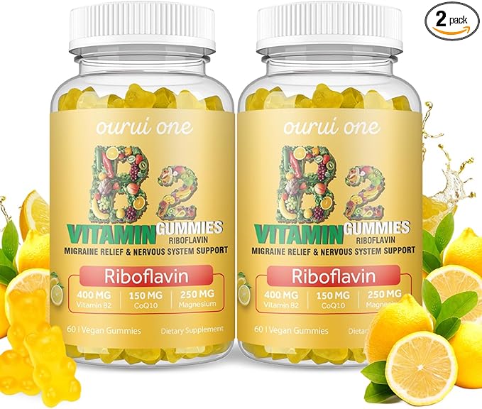 Vitamin B2 Gummies 400mg | Riboflavin 400mg with CoQ10 150mg Magnesium 200mg | B2 Vitamin 400mg for Kids &amp Adults Nervous System &amp Skin Health | 60 Vegan Chewables | Lemon（Pack 2