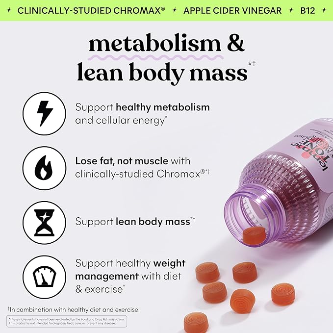 Lemme Tone Metabolism Gummies Apple Cider Vinegar Clinically Studied Chromium B12 Ginger Root Extract Promote Lean Body Mass Watermelon Apple Flavor (30 Day Supply)