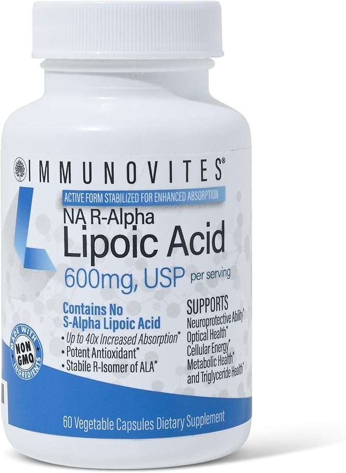 IMMUNOVITES Stabilized R-Alpha Lipoic Acid ((True)) 600mg per Serving [[High Potency &amp up to 40x Increased Absorption]] (Na R-ALA) (Na R-LA) (Na R-Lipoate) (1 Bottle)