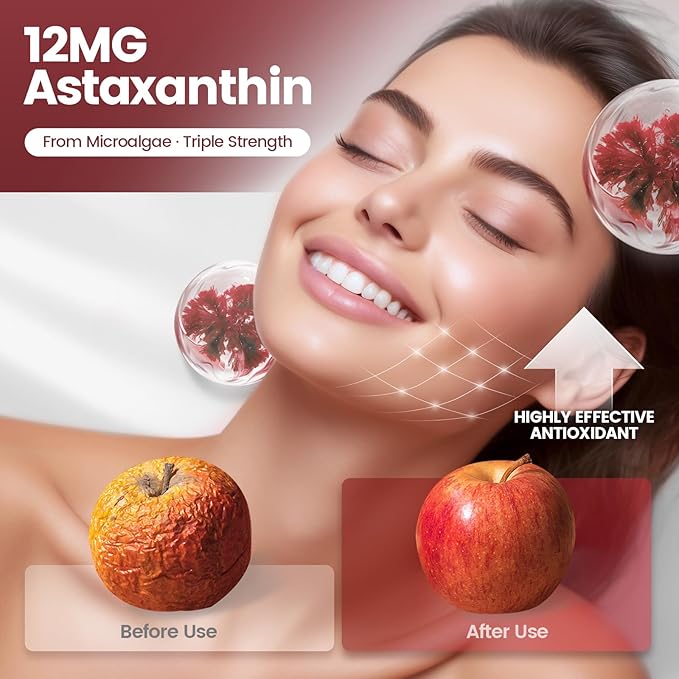 10 in 1 Astaxanthin Supplements 12mg 12 Month Supply Astaxantina Antioxidant from Fresh Haematococcus Pluvialis Contains Lycopene Grape Seed Vitamin E More Supports Eye Joints Skin Health 3Bag