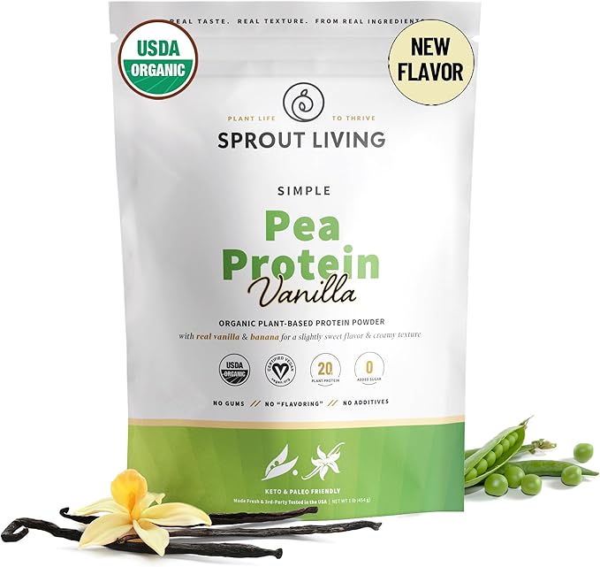 Sprout Living Organic Pea Protein Powder Vanilla Flavor 20 Grams of Plant Based Organic Protein Powder Without Sweeteners Non Dairy Non-GMO Dairy Free Vegan Gluten Free (1 Pound 15 Servings)