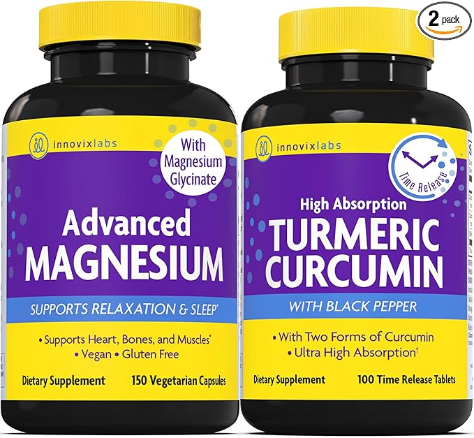 Magnesium &amp Curcumin Bundle: InnovixLabs Advanced Magnesium (150 Time-Release Capsules) InnovixLabs Turmeric Curcumin (100 Time-Release Tablets). Promotes Relaxation Bones Muscle and Immune Heal