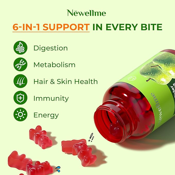 NEWELLME ACV Gummies with the Mother &amp B12 – Sugar-Free Great-Tasting Vegan Gummies for Digestion Metabolism &amp Daily Energy Support 180 Count