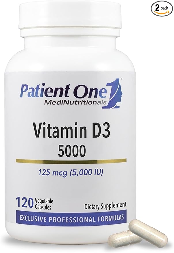 Patient One Vitamin D3 5000 IU | Supplement to Support Immune Heart and Bone Health* | Absorbable Cholecalciferol Form | 120 Capsules | 2 Pack