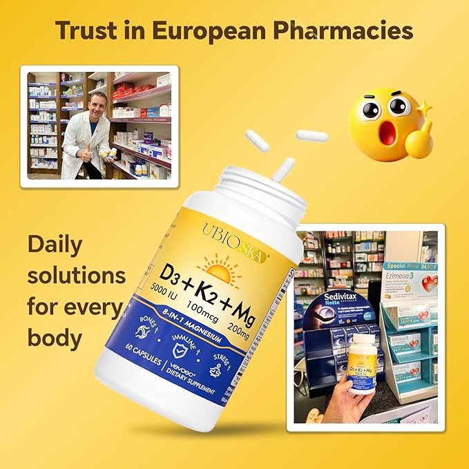 UBIOSKA Vitamin D3 K2 Magnesium Supplement – 5000 IU D3 + MK-7 K2 with 8-Form Magnesium (Glycinate Taurate Malate) for Calm Sleep Stress Relief Mood Balance &amp Strong Bones – 60 Capsules