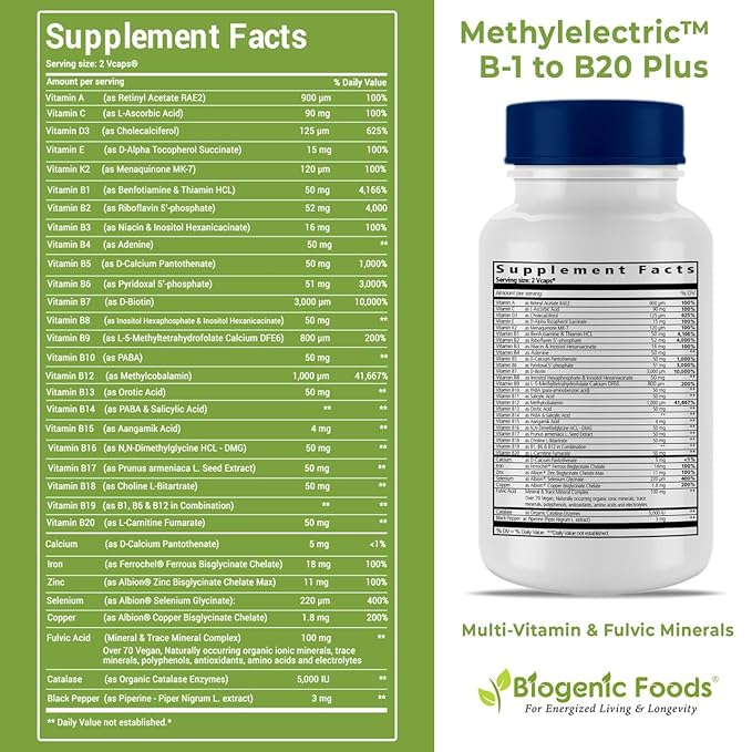 Methylectric B-50 Complex - Methylated B1 - B20 Multi-Vitamin and Fulvic Minerals Veggie Caps
