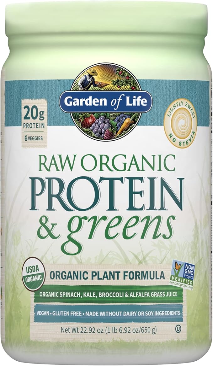 Garden of Life Raw Organic Protein &amp Greens Lightly Sweet Vegan Protein Powder for Women and Men Plant and Pea Protein Greens Probiotics Gluten Free Low Carb Shake Made Without Dairy 20 Servi