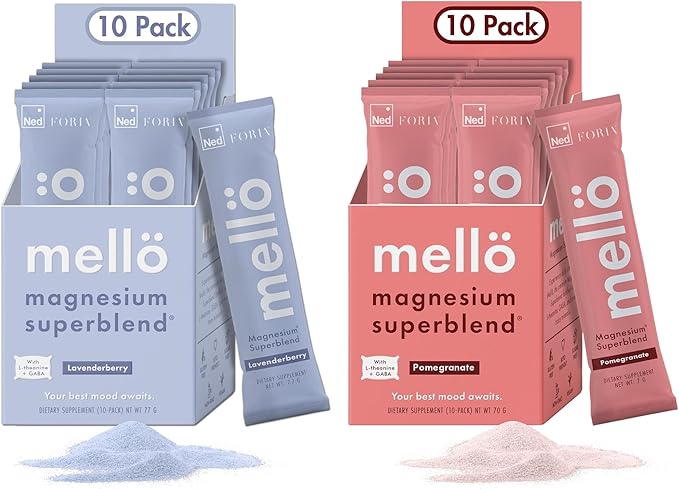 mellö Magnesium Superblend Bundle - Pomegranate &amp Lavenderberry - Magnesium Glycinate with L-Theanine GABA &amp Trace Minerals - Supports Sleep Relaxation and Balanced Energy - 2 x 10-Packs