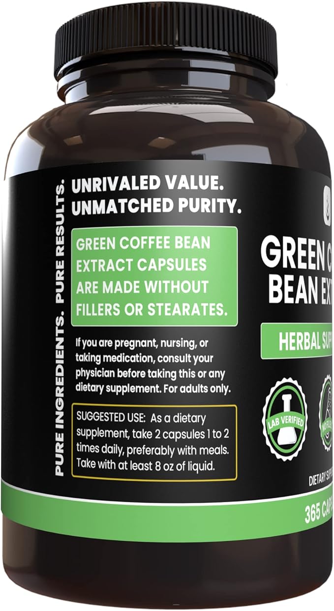 PURE ORIGINAL INGREDIENTS Green Coffee Bean Extract (365 Capsules) No Magnesium Or Rice Fillers Always Pure Lab Verified