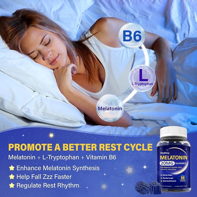 Melatonin 20mg Gummies for Adults - Max Strength Melatonin Gummy Supplement with Magnesium Glycinate B6 B12 L-Theanine GABA &amp Herbs - Non-Habit Forming Vegan Natural Mixed Berry Flavor
