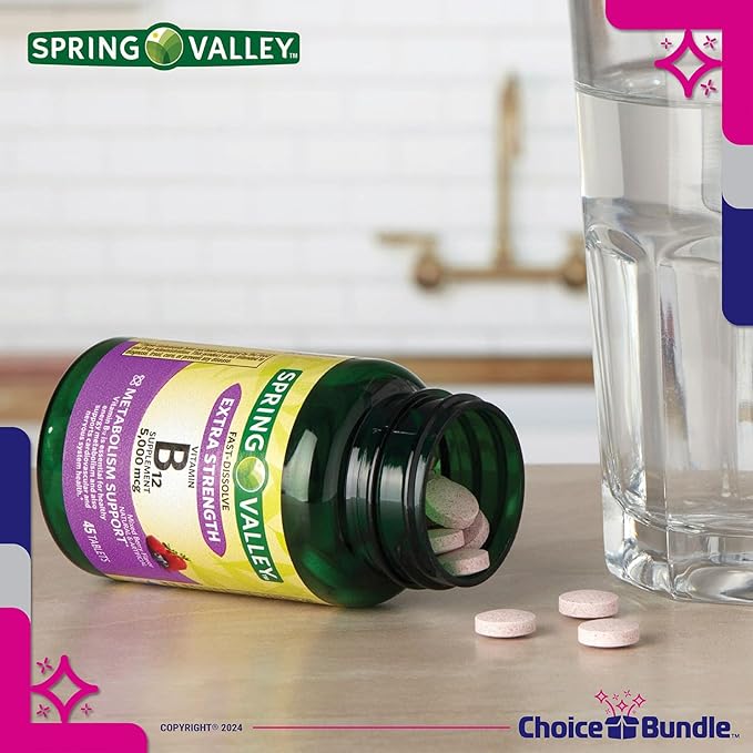 Spring Valley Vitamin B12 Fast Dissolve Tablets Extra Strength Metabolism Support 5000 mcg 45 Ct 4 pk (180 Total) + Vitamin Vitality &amp Pill Buddy (6 Items)!