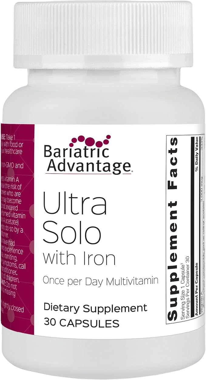 Bariatric Advantage Ultra Solo with Iron - Once-Per-Day Daily Multivitamin - for Bariatric Patients - with Thiamin Vitamin A &amp More - Gluten Free - 30 Capsules