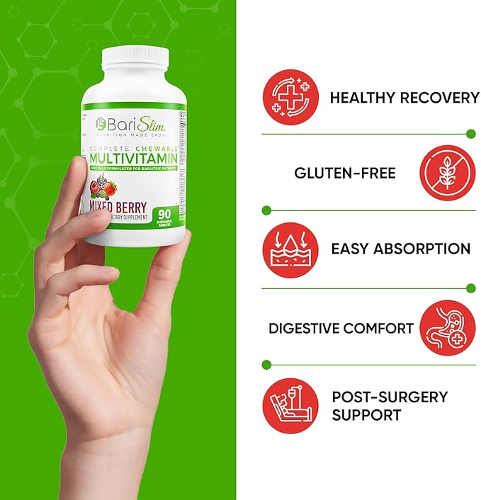 BariSlim Chewable Bariatric Multivitamin Tablets - Specially Formulated Chewable Tablets for Patients After Weight Loss Surgery - Easy to Digest &amp Great Tasting Fruit Flavors | Pack of 2