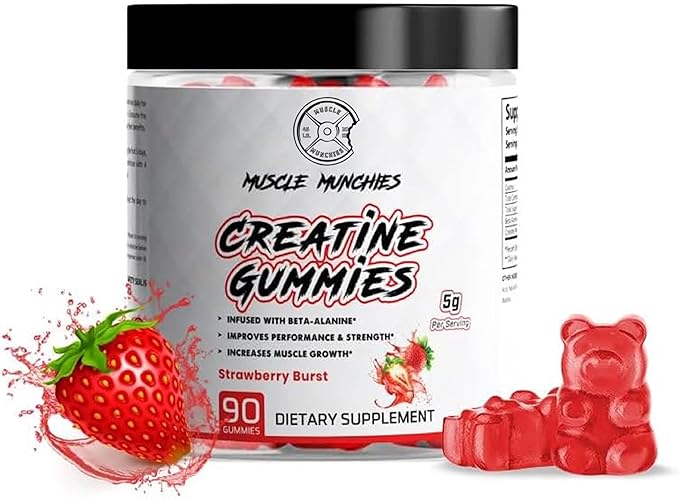 Muscle Munchies Creatine Chewable Gummies for Men &amp Women-Infused with Beta Alanine-5g of Creatine Per Serving-Increases Strength Endurance &amp Recovery-Vegan NonGMO (Strawberry Burst)