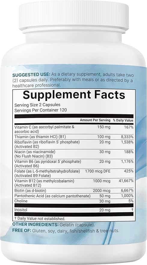 Micro Ingredients 2 Pack Pure Methylated B Complex 480 Capsules | 11-in-1 Formula with B12 Thiamin Folate Inositol Choline &amp Vitamin C | Filler Free | Non-GMO
