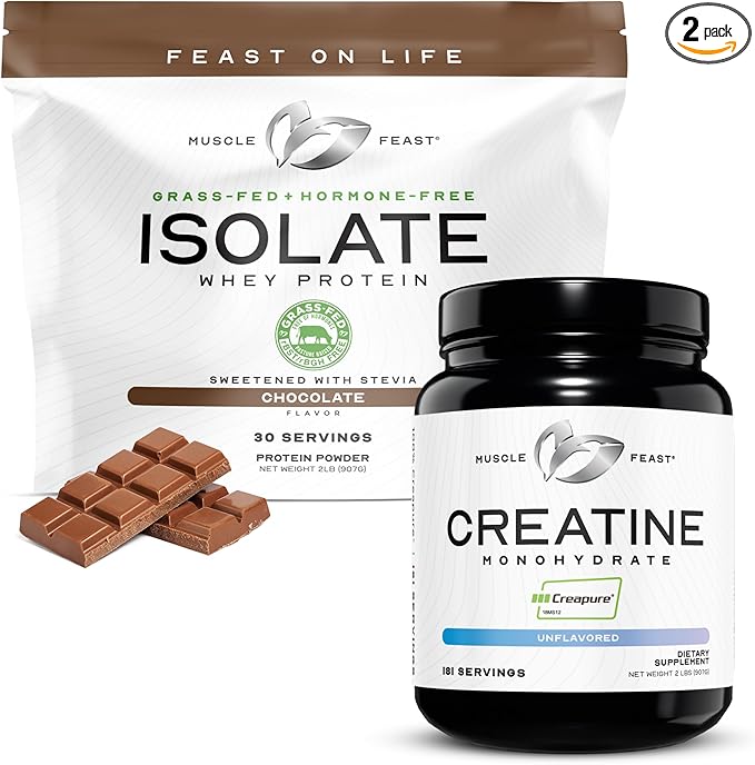 Muscle Feast Creatine + Isolate Bundle: 1 Creatine Powder (Unflavored 2lb) + 1 Whey Protein Isolate (Chocolate 2lb) | Premium Supplements Vegetarian Gluten Free