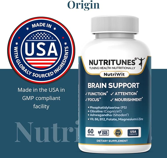 Brain Health Supplement–Memory Focus &amp Brain Nourishment Support with Cognizin Citicoline Phosphatidylserine Shoden Ashwagandha B Vitamins Magnesium &amp Zinc–60 NutriWit Capsules