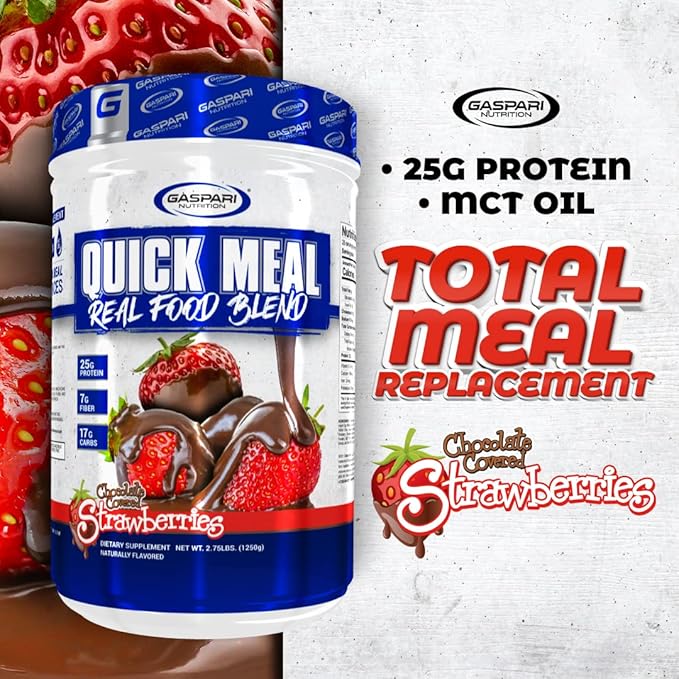 Gaspari Nutrition Quick Meal Total Meal Replacement Protein Shake Complete Protein from Beef Protein Isolate Egg White Protein and Greek Yogurt Protein (2.75 lbs Chocolate Covered Strawberries)