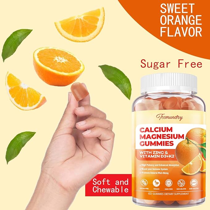 Calcium Magnesium Zinc Gummies with Vitamin D3 &amp K2 - High Absorption Magnesium Glycinate 400mg - Sugar Free Calcium Supplement - Support Nerve Muscle Mood &amp Immunity - for Adults Men Women Ki