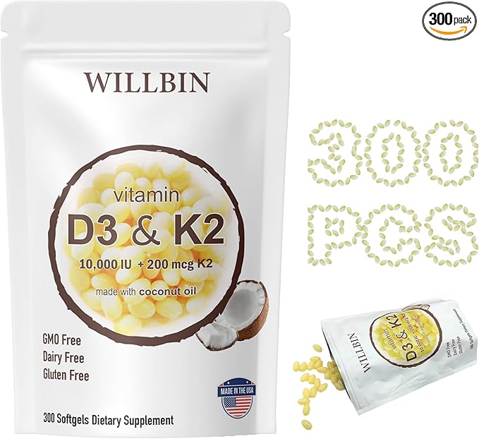 300 Pcs 2 in 1 Vitamin D3 10000 iu Plus K2 (MK-7) 200 mcg Coconut Oil Softgels with Vitamins D &amp K Supports Bone Heart &amp Immune Health - Easy to Swallow &amp Non-GMO