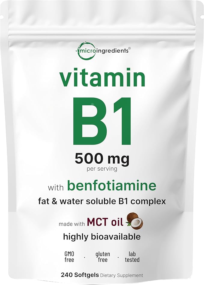 Micro Ingredients Vitamin B1 Thiamine 500mg with Benfotiamine &amp MCT Oil 240 Softgels | Highly Bioavailable Thiamine Supplement for Energy &amp Nervous System Support* | Non-GMO Soy Free