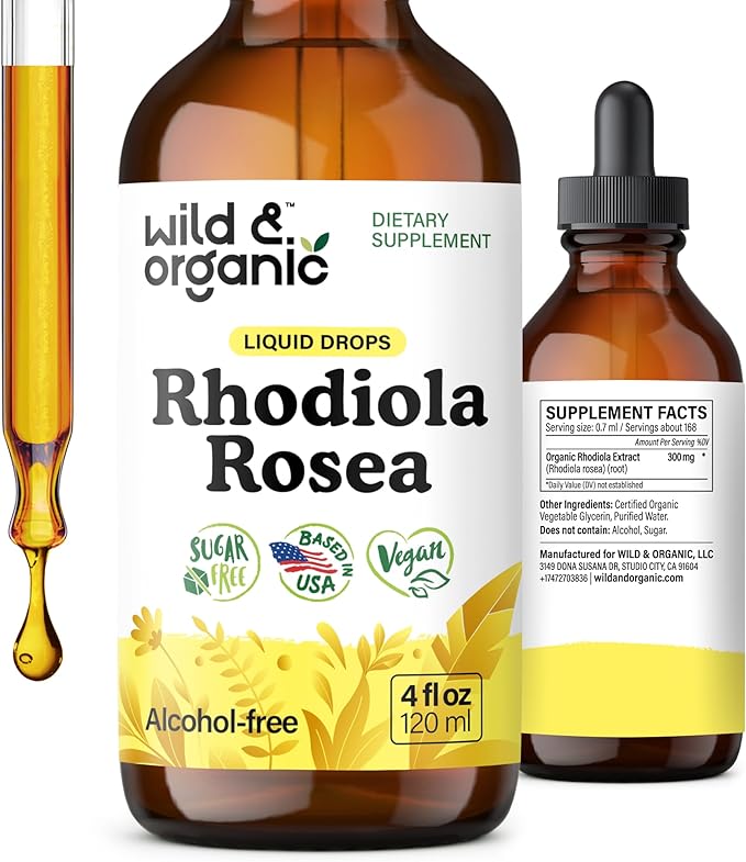 Wild &amp Organic Rhodiola Rosea Tincture - Rhodiola Rosea Supplement for Mood Support - Relaxing Root Extract Liquid Drops - Vegan Sugar &amp Alcohol-Free - 4 fl oz
