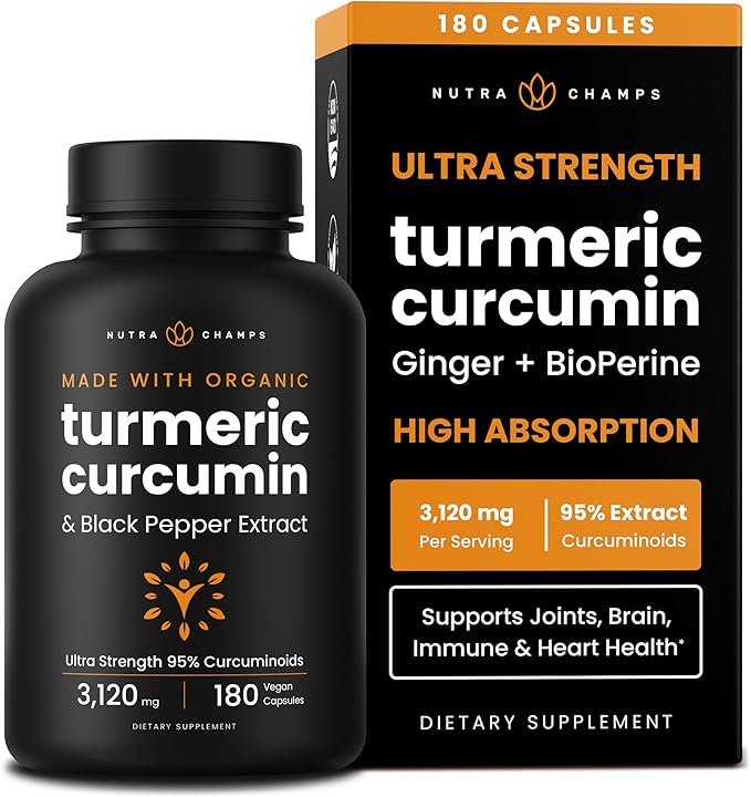 Turmeric Curcumin - 3120 mg Complex with Ginger &amp Black Pepper Extract - 95% Curcuminoids - Extra Strength Turmeric Supplement for Joint Health Brain Heart &amp Immune Support - 180 Turmeric C