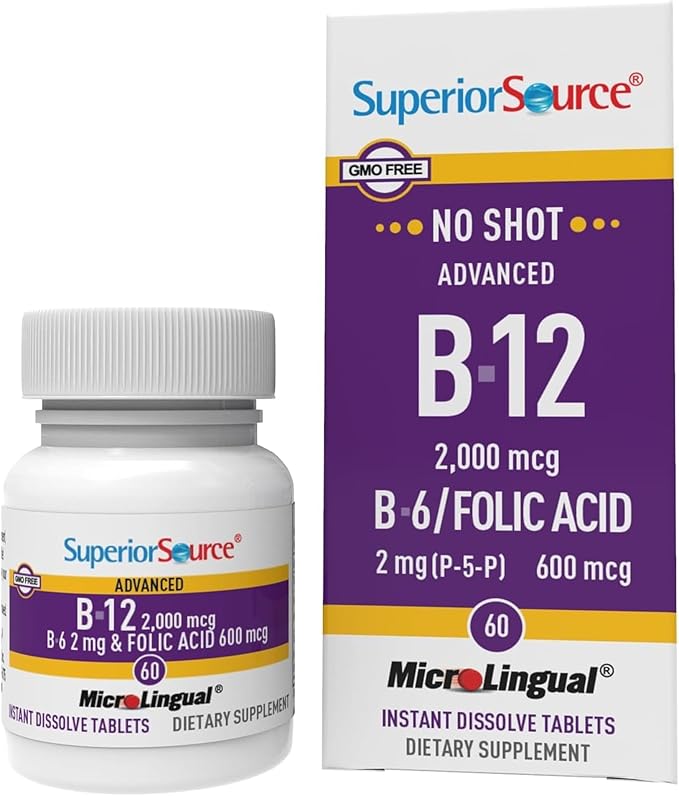 Superior Source NO Shot Advanced B-12 2000 mcg B-6 / Folic Acid 600 mcg - Folic Acid for Women &amp Men - B Vitamins Supplement Supports Energy &amp Cell Health - 60 Sublingual Dissolving Tablets
