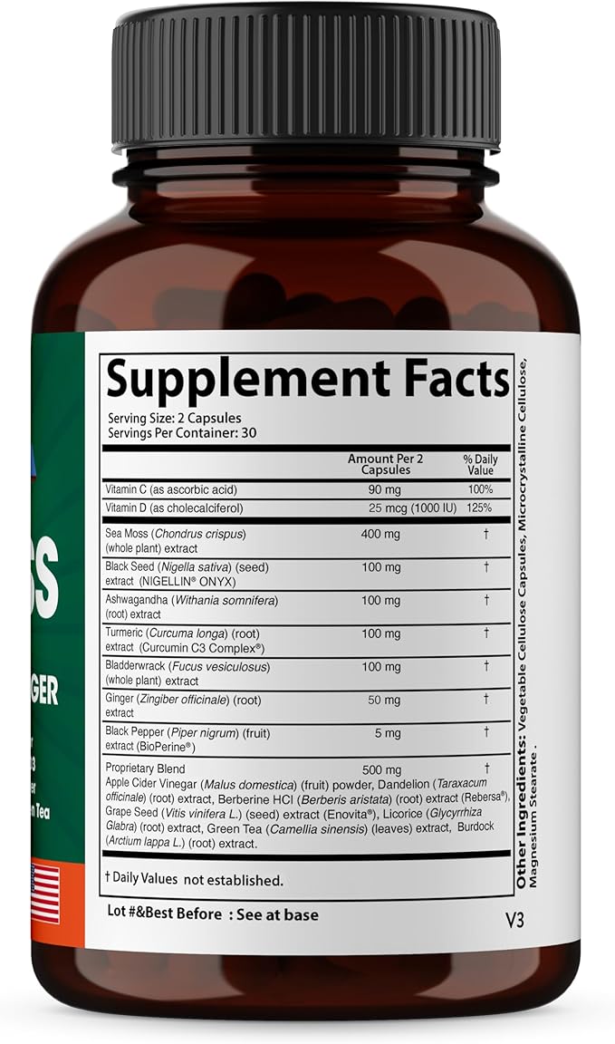 SANDHUHERBALS Sea Moss Black Seed Oil Ashwagandha Ginger Burdock Root TurmericBlack Pepper | 60 Capsules (Pack of 3)