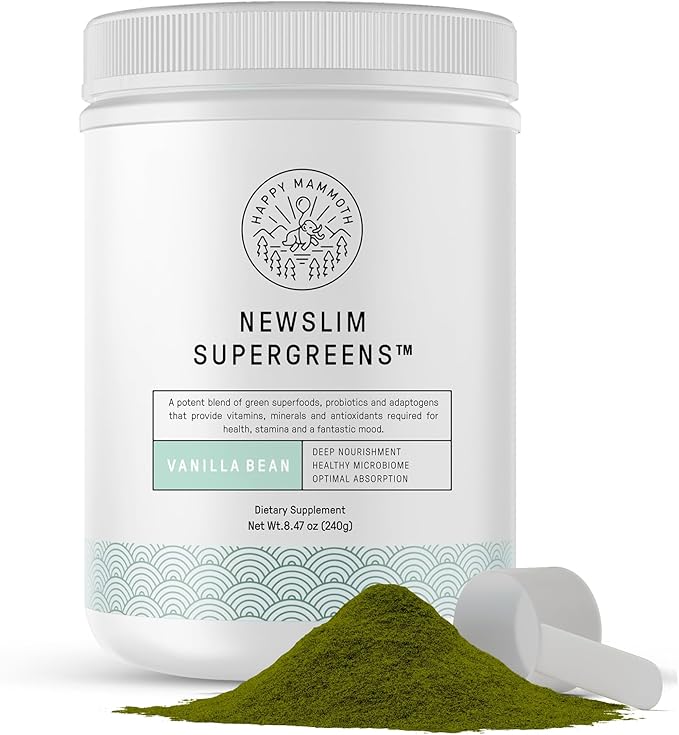 Happy Mammoth NewSlim SuperGreens with Spirulina Chlorella &amp Prebiotics Blend for Adults Supports Metabolism Energy &amp Reduces Carb Cravings 24 Servings Vanilla Flavor