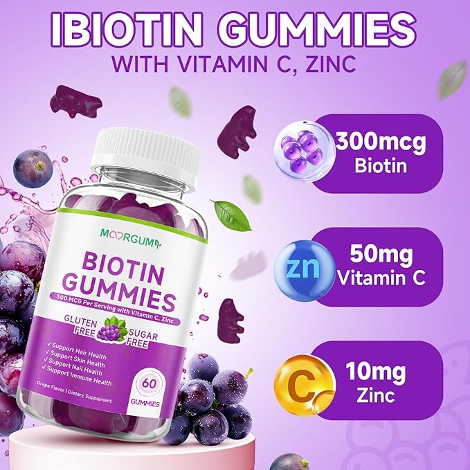Sugar Free Biotin Hair Skin &amp Nails Gummies Supports Healthy Hair Skin and Stronger Nails with Vitamin C Zinc Chewable Vitamin B7 Supplements for Women &amp Men Vegan Non-GMO Grape 120 C