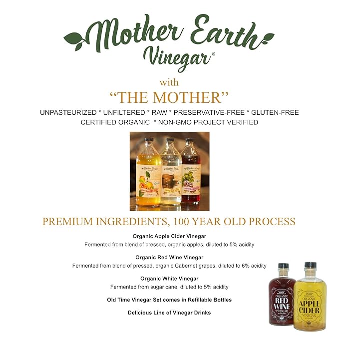 Mother Earth Organic Apple Cider Vinegar with The Mother Half Gallon Fresh Pressed Organic Apples OACV ACV Raw Unpasteurized Unfiltered (1/64oz Bottle)