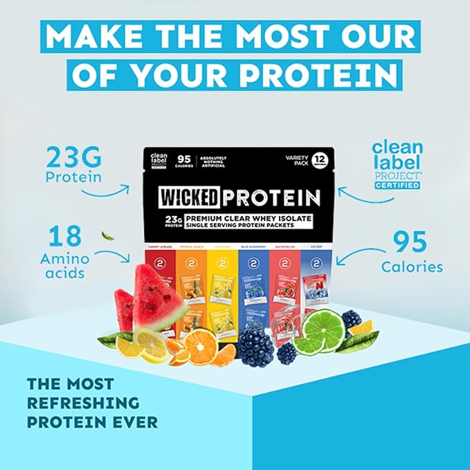 WICKED Protein Clear Whey Isolate Variety Pack 23g Protein 6 Flavors 95 Calories 0-1g Sugar Nothing Artificial No Sucralose Clean Label Project Certified Gluten Free 0g Lactose 12 Pack
