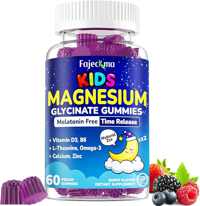 Kids Magnesium Glycinate Gummies: Magnesium Glycinate Supplement with L-theanine Omega-3 Calcium Citrate Zinc Vitamin D3 B6 for Kids Natural Zzz Overall Health - Sugar Free Non-GMO (60Count)