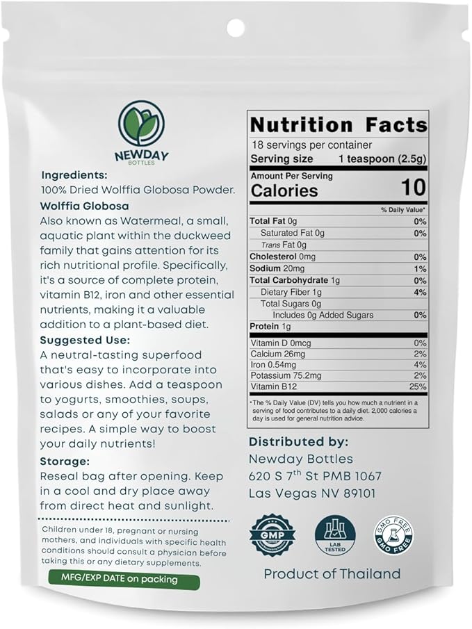 Pure Wolffia Globosa Powder High Protein Plant-Based Superfood Rich in B12 Non-GMO Vegan 1.76 oz