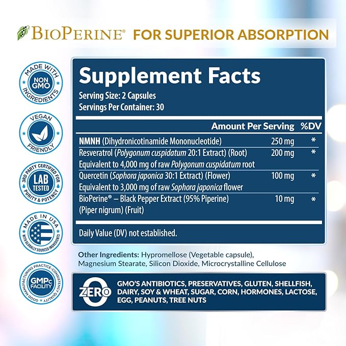 NMNH Supplement (NMN Alternative) NAD Booster for Anti-Aging Cellular Energy &amp Nice Skin- Dihydronicotinamide mononucleotide Resveratrol Quercetin &amp BioPerine® for Max Absorption- 60 caps
