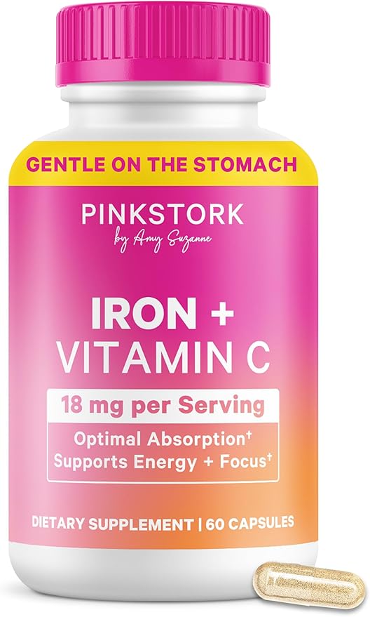 Pink Stork Iron for Women – 18 mg Non-Constipating Iron Bisglycinate + Vitamin C for Optimal Absorption – Energy Focus &amp Oxygen Supply – PMS Pregnancy Postpartum &amp Perimenopause - 60 Capsu